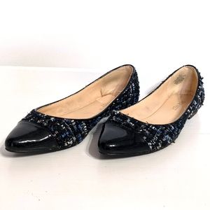 Blue and black tweed flats with patent leather toe